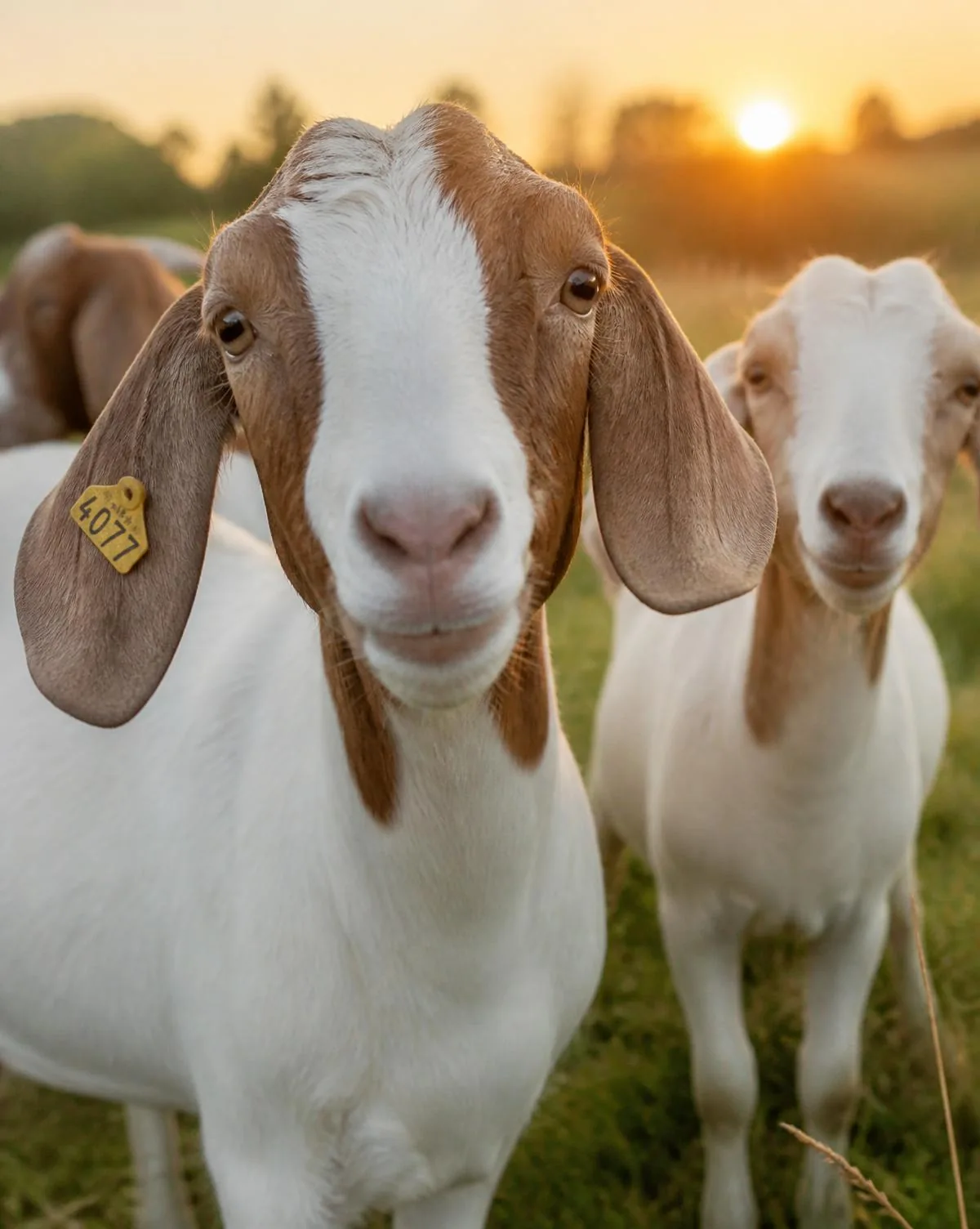 Two friendly dairy goats standing in a green pasture at sunrise