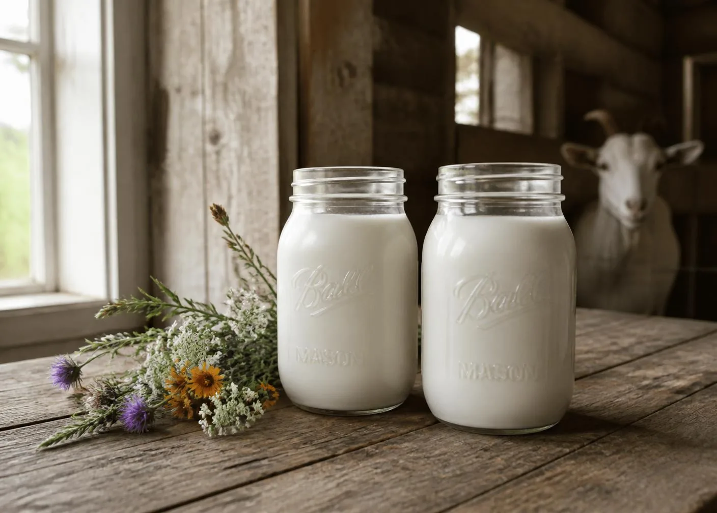 Fresh goat milk in glass jars on a wooden table inside the barn