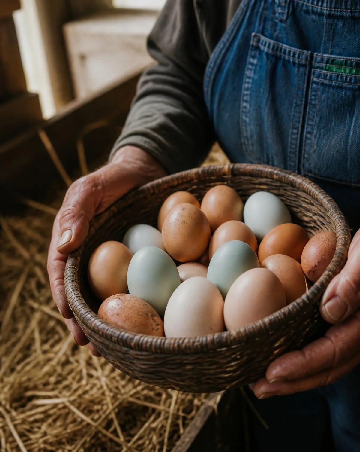 Farmer holding a basket of freshly gathered brown, cream, and blue farm eggs